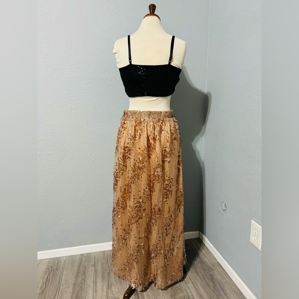Zara New Gold High Waist Christmas‎ Long Sequin Skirt Size L A-Line Silhouette - Picture 9 of 14